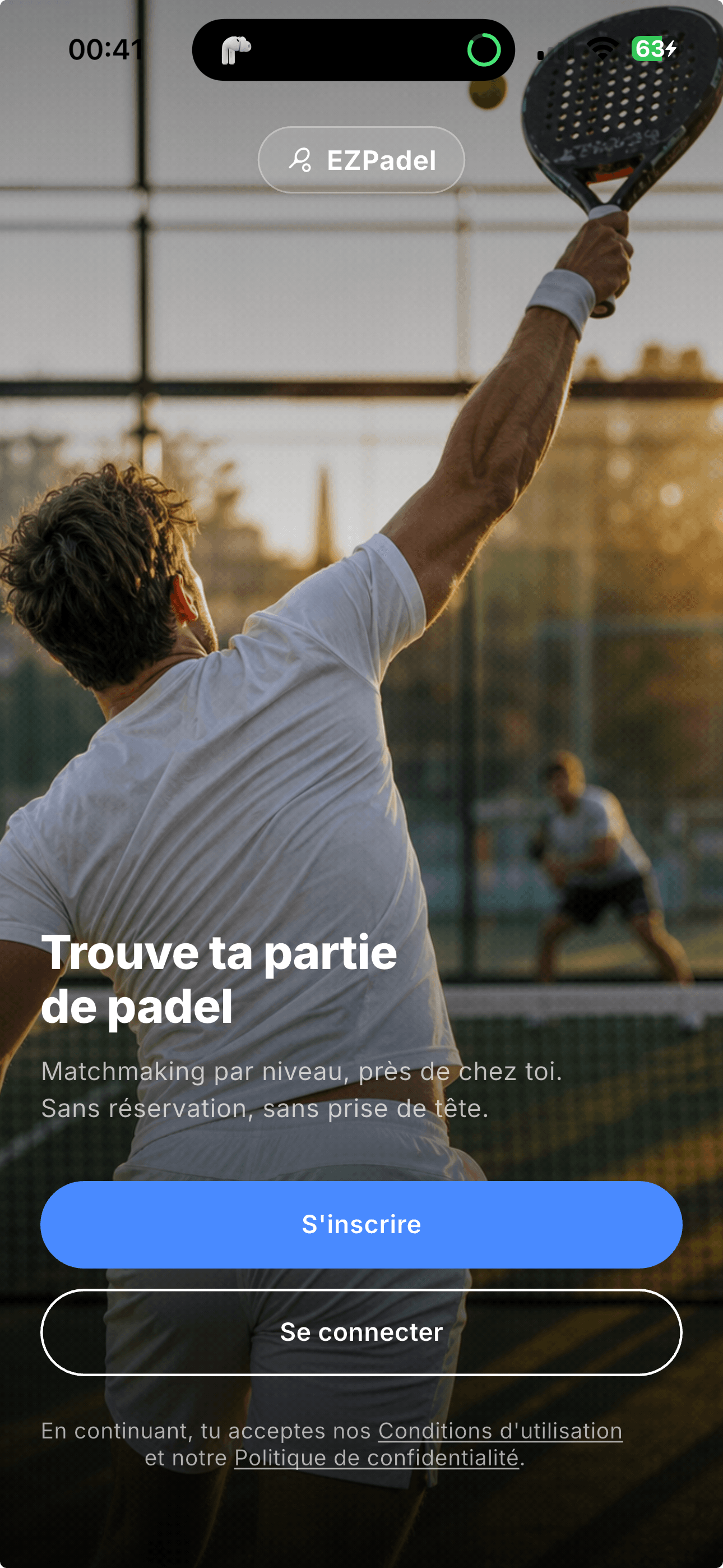 Écran EZPadel, Tu crées ton profil en 2 minutes.